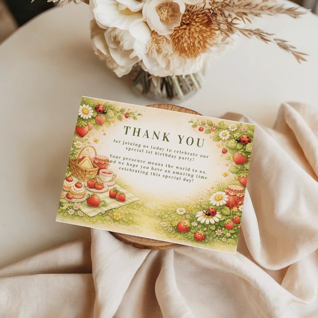 Whimsical Meadow Lady Bug 1st Birthday Thank You Card (Creator Uploaded)