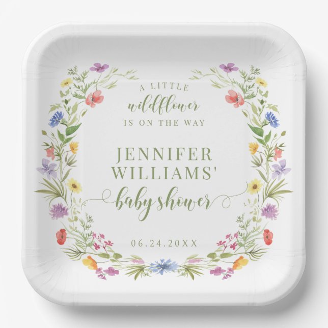 Whimsical meadow wildflower boho Baby girl shower Paper Plate (Front)