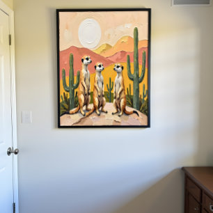 Whimsical Meerkat Trio Desert Art Poster