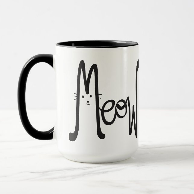 Whimsical MEOW Modern Minimal Black Cat Mum Script Mug (Left)