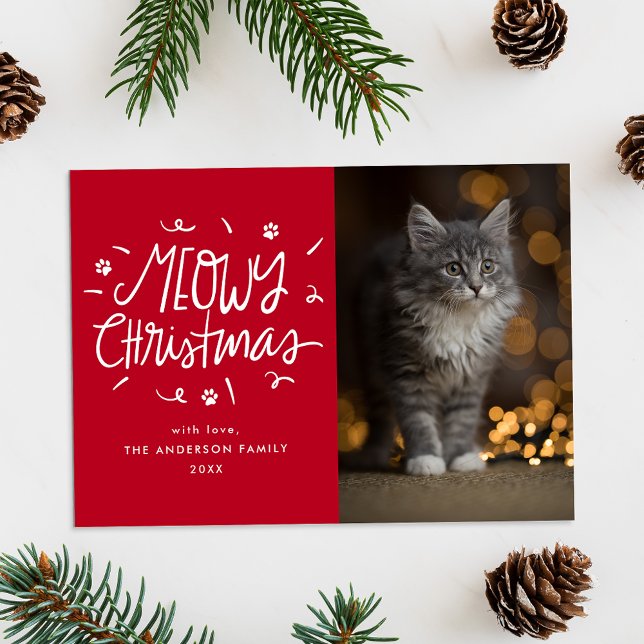 Whimsical Meowy Christmas Red Cat Photo Holiday Card (Creator Uploaded)
