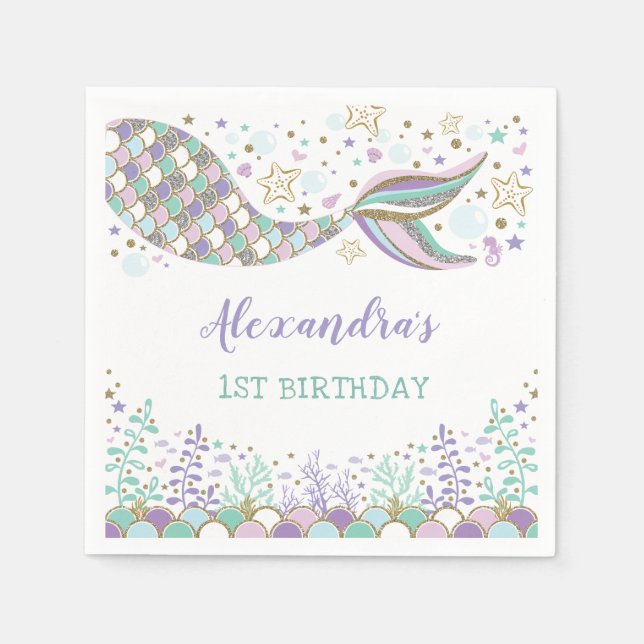 Whimsical Mermaid Birthday Under the Sea Party Napkin (Front)