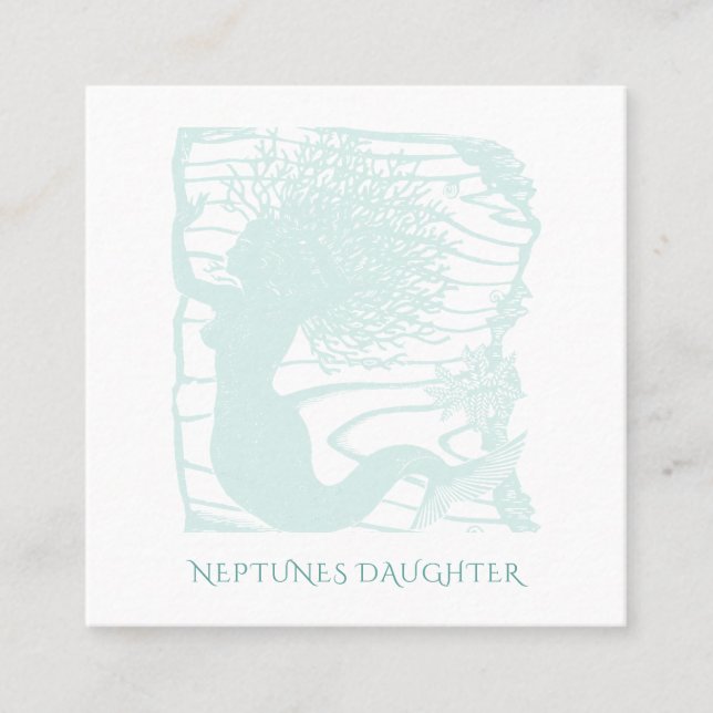 Whimsical Mermaid Coral Hair Ocean Waves Square Business Card (Front)