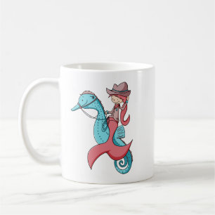 Whimsical Mermaid Cowgirl with Hat and Seahorse Coffee Mug