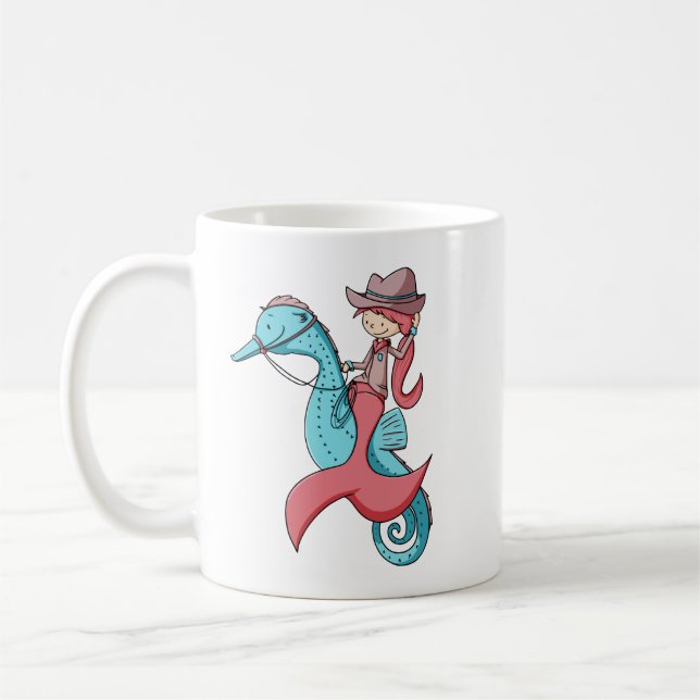 Whimsical Mermaid Cowgirl with Hat and Seahorse Coffee Mug (Left)