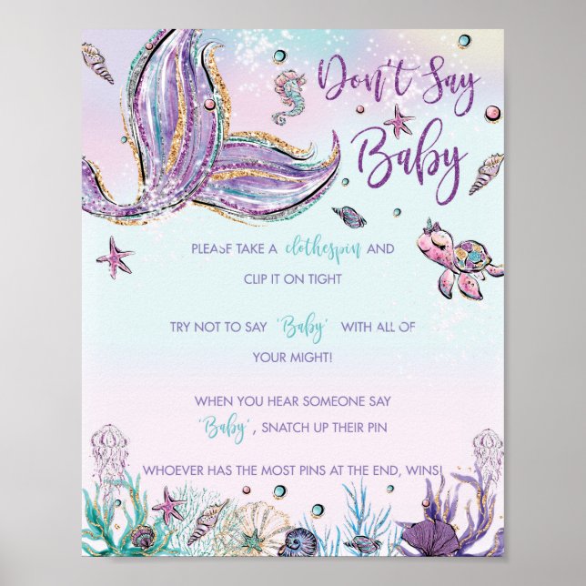 Whimsical Mermaid Don't Say Baby Shower Game Sign (Front)