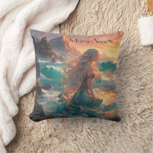 Whimsical Mermaid, flowing hair, ocean Cushion