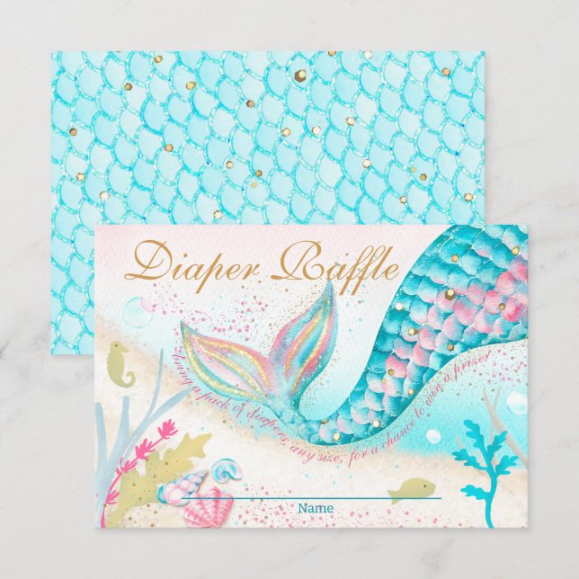 Whimsical Mermaid Girl Baby Shower Diaper Raffle Thank You Card (Front/Back)