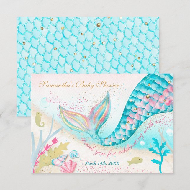 Whimsical Mermaid Girl Baby Shower Thank You (Front/Back)