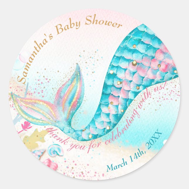 Whimsical Mermaid Girl Baby Shower Thank You Classic Round Sticker (Front)