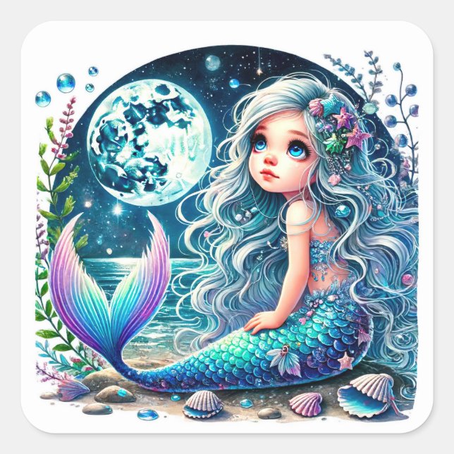Whimsical Mermaid Girl Birthday Party Square Sticker (Front)