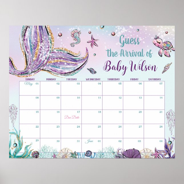 Whimsical Mermaid Guess Baby's Arrival Birth Game  Poster (Front)
