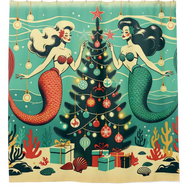 “Whimsical Mermaid Holiday Scene” Shower Curtain (Front)