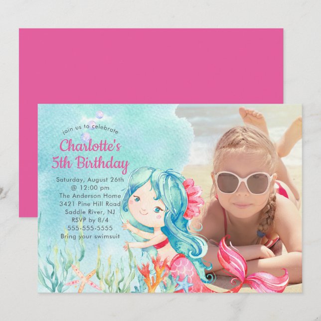 Whimsical Mermaid Photo Birthday Invitation (Front/Back)