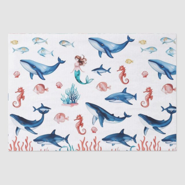 whimsical mermaid sea whale shark birthday tissue paper (Front)