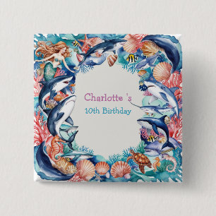 whimsical mermaid shark whale fish birthday party 15 cm square badge