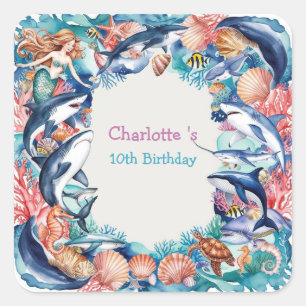 whimsical mermaid shark whale fish birthday party square sticker