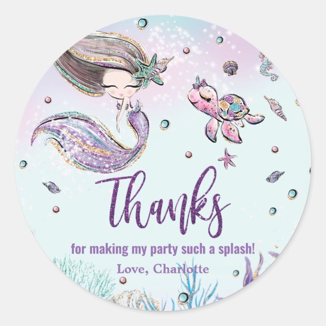 Whimsical Mermaid Under the Sea Birthday Favour  Classic Round Sticker (Front)