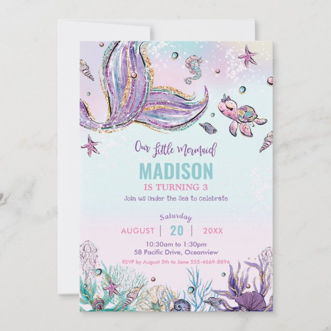 Whimsical Mermaid Under the Sea Birthday Party Invitation (Front)