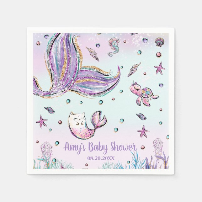 Whimsical Mermaid Under the Sea Birthday Shower Napkin (Front)