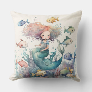 Whimsical Mermaid Under the Sea Fishes Watercolor Cushion