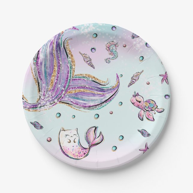 Whimsical Mermaid Under the Sea Mercat Birthday Paper Plate (Front)