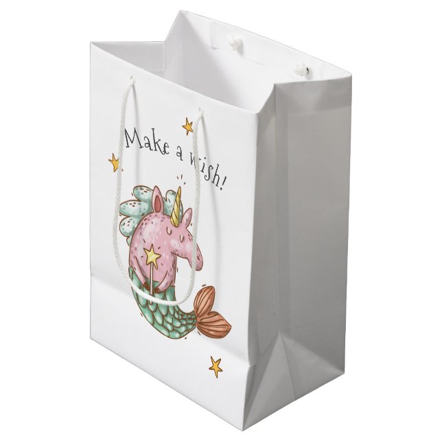 Whimsical Mermaid Unicorn Make a Wish Birthday Medium Gift Bag (Front Angled)