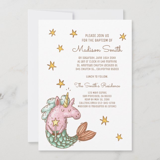 Whimsical Mermaid Unicorn Stars Baptism Invitation (Front)