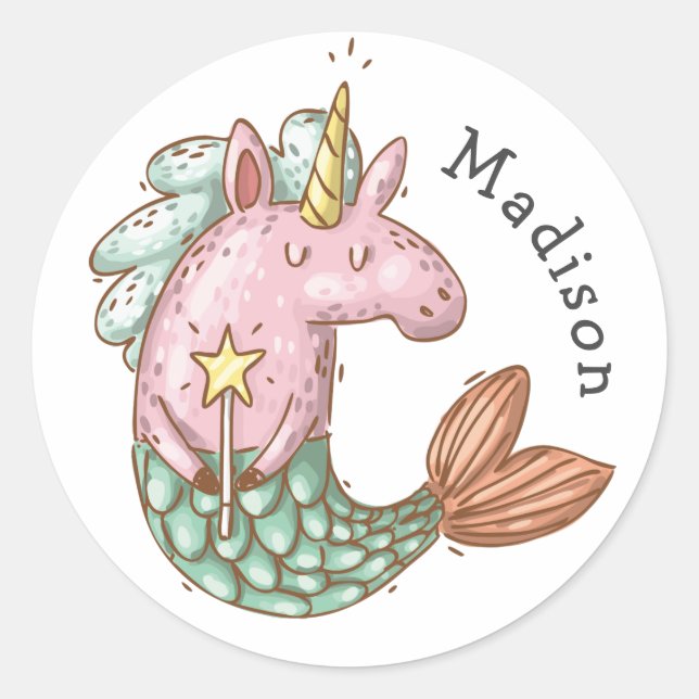 Whimsical Mermaid Unicorn with Name Classic Round Sticker (Front)