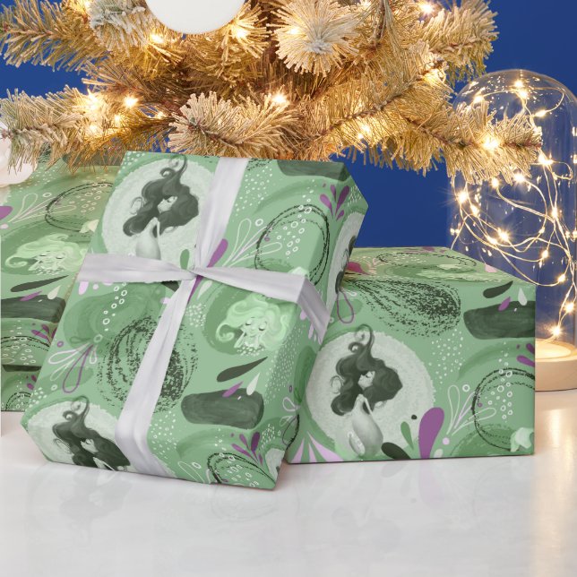 Whimsical Mermaids Green Abstract Pattern Wrapping Paper (Holidays)