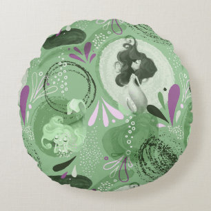 Whimsical Mermaids Green Abstract Print Round Cushion