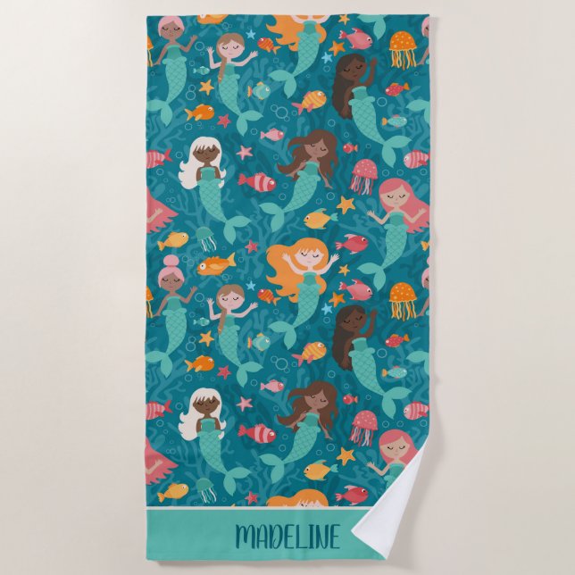Whimsical Mermaids Under The Sea Teal Beach Towel (Front)