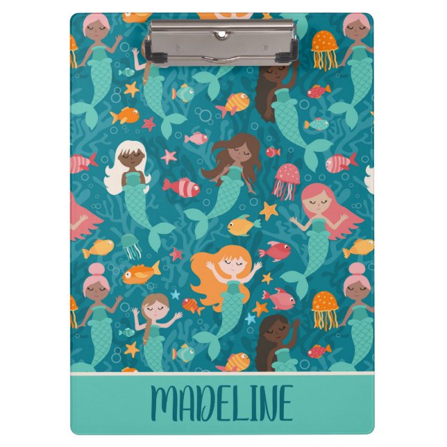 Whimsical Mermaids Under The Sea Teal Clipboard (Front)