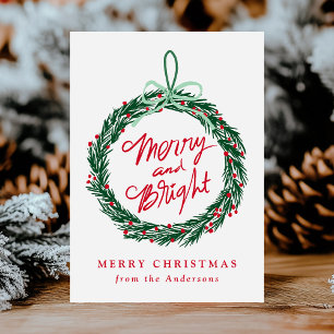 Whimsical Merry and Bright Wreath Red and Green Holiday Card