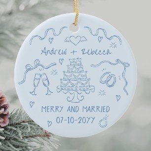 Whimsical merry and married handdrawn bow doodle ceramic tree decoration