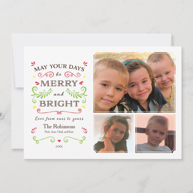 Whimsical Merry & Bright (White) Holiday 3 Photo Card (Front)