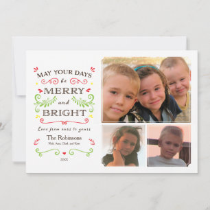 Whimsical Merry & Bright (White) Holiday 3 Photo Card