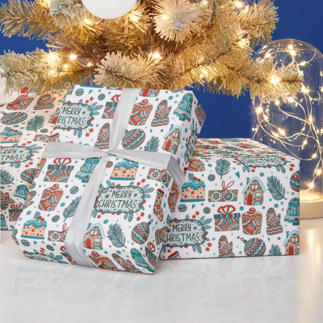Whimsical Merry Christmas Doodle Pattern Wrapping Paper (Holidays)