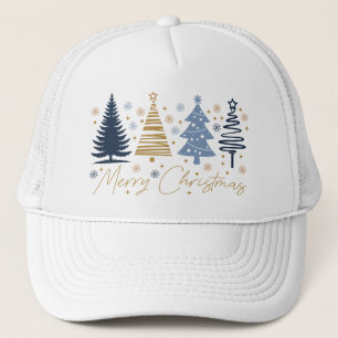 Whimsical Merry Christmas Festive Trees Blue Gold Trucker Hat