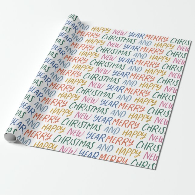 Whimsical Merry Christmas Happy New Year Rainbow Wrapping Paper (Unrolled)