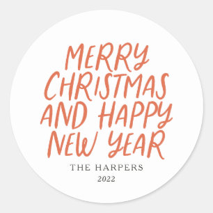 Whimsical Merry Christmas Happy New Year Red Class Classic Round Sticker