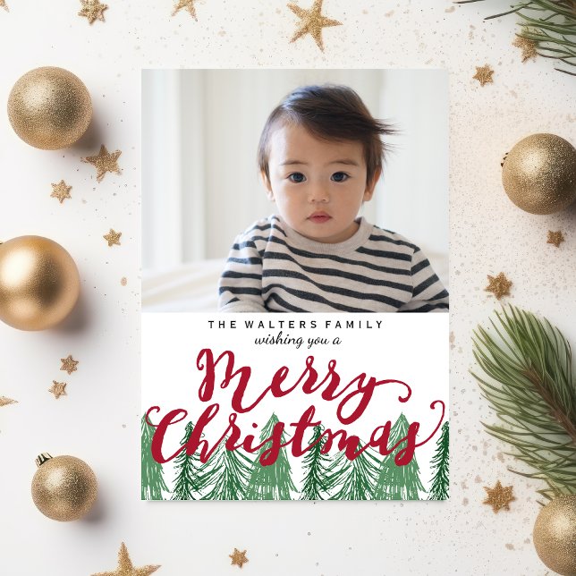 Whimsical Merry Christmas Pine Trees Holiday Photo Card (Creator Uploaded)