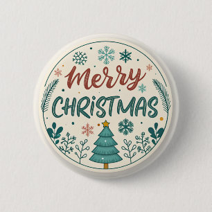 Whimsical Merry Christmas Round Sticker with Tree 6 Cm Round Badge