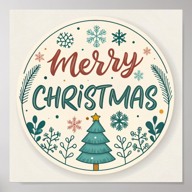 Whimsical Merry Christmas Round Sticker with Tree  Poster (Front)