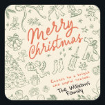 Whimsical Merry Christmas  Square Sticker<br><div class="desc">Merry Christmas - Hand drawn holiday sticker Bring a touch of charm and warmth to the holiday season with this whimsical Christmas collection! Each design is filled with a cosy holiday spirit, making it a heartfelt choice for family, friends, or anyone who loves a fun, creative touch. Send a smile...</div>