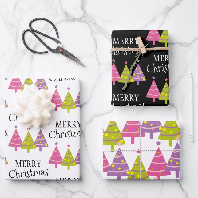 Whimsical Merry Christmas Trees Wrapping Paper Sheet (Front)