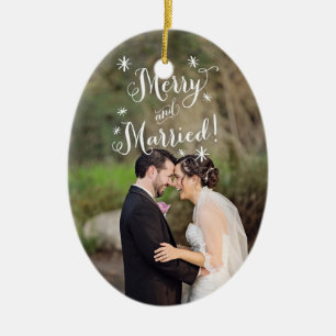 Whimsical Merry & Married First Christmas Photo Ceramic Tree Decoration
