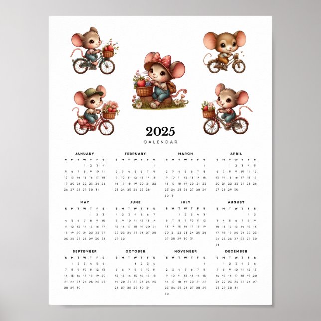 Whimsical Mice on Bicycles Minimal 2025 Calendar Poster (Front)