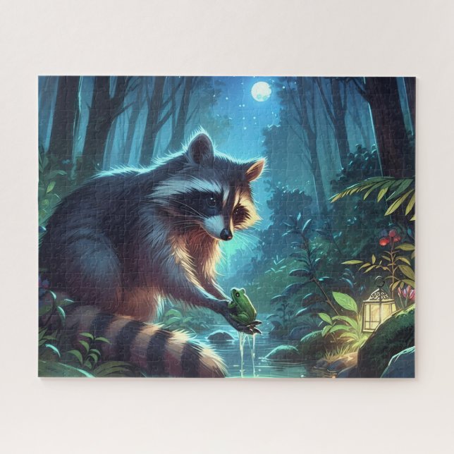 Whimsical Midnight Racoon and Frog Forest River Jigsaw Puzzle (Horizontal)