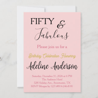 Whimsical Minimal 50 and Fabulous Pink Gold Black Invitation